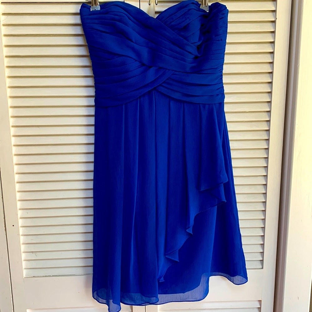 Short royal blue dress.
